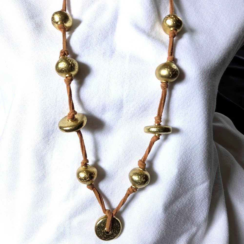 Chico's Rita Gold Ball Brown Cord Long Pendant Necklace Fall 2018 NWT 36-46"